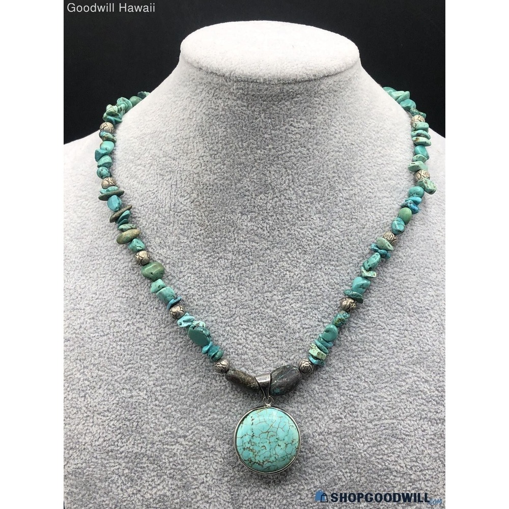 Turquoise Pendant with Turquoise Chips Silver Beaded 8" Preowned 30.3 Grams